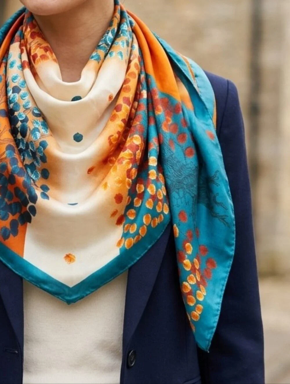 NWT Satin Neck Scarf Head Wrap Teal Orange Botanical Tree Foliage Print 35